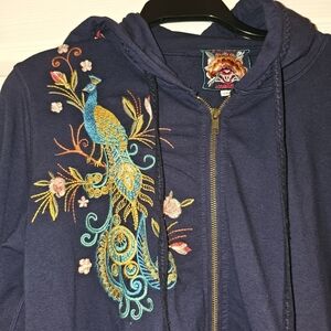 Johnny Was Hoodie Size M Full Zip Embroidered Blue Size Med